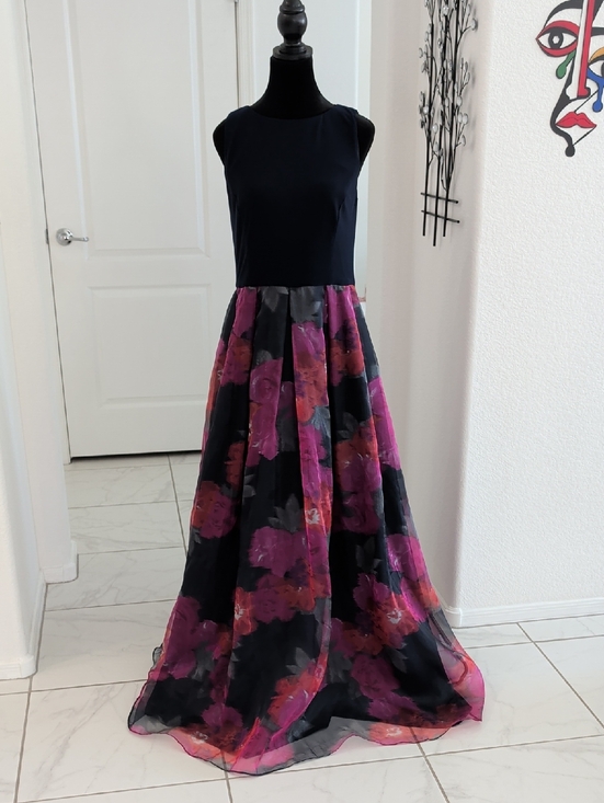 Eliza J Dresses & Skirts - Eliza J Epanoui Gown Navy Blue Bodice Floral Organza Bottom Pockets 6 8 10 M
